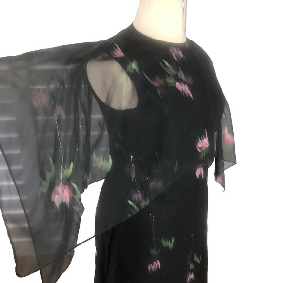 VTG 80s Black Chiffon Floral Maxi Dress Sz M Witchy Whimsigoth Cape Fairy Grunge - Picture 2 of 6